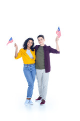 teenage students with american flags isolated on white