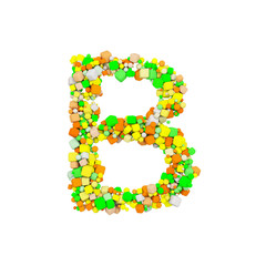 Alphabet letter B uppercase. Funny font made of orange, green and yellow shape cube. 3D render isolated on white background.