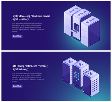 Big, data processing, server room, hosting, blockchian, data handing, computer, mainframe concept, cloud data storage vector illustration on ultraviolet background