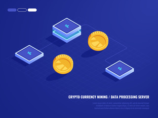 Concept of mining crypto currency, hardware server room, coin, computer processing power, database isometric 3d vector