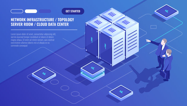 Network infrastructure, server room topology, cloud data center, two businessman, data analysis and statistics, server room rack isometric vector technology