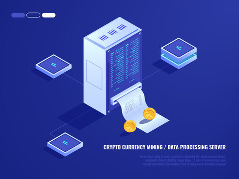 Data center, mining crypto currency hardware, server room, coin, computer processing power, database isometric 3d vector