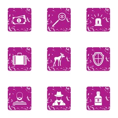 Criminal enterprise icons set, grunge style