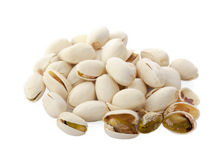 Pistachio nuts, fruits isolated on white background