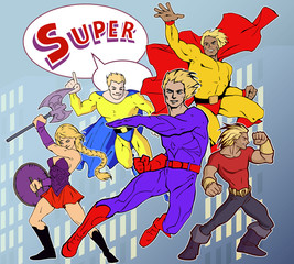 Bright and colorful cartoon set of funny and awesome team of amazing super characters in cool costumes 