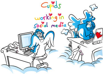 Cartoon cupids and love.
Cupid working in social media.
contemporary love and internet love.
A lot of people searching love and romance on the internet.