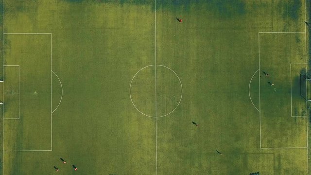 Aerial view of football team practicing at day on soccer field in top view