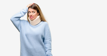 Young injured woman wearing neck brace collar doubt expression, confuse and wonder concept, uncertain future