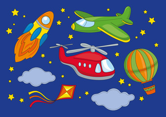 Fairy Clipart FLY Space Color Vector Illustration Magic Fairyland Cartoon Plane Spaceship Helicopter Kite Air Balloon Scrapbooking Print Card Album Photo Babybook Travelbook Adventure Nightfly Sky