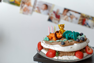 Pavlova cake decorated with chocolate cream blueberries and figures of wild animals