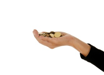 Fototapeta premium A female hand with coin isolated against a white background