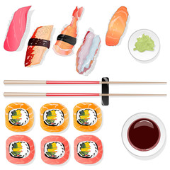 Nigiri Sushi illustration on white background.  Top view.