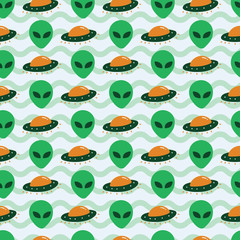 Alien ufo invasion spaceship. A playful, modern, and flexible pattern for brand who has cute and fun style. Repeated pattern. Happy, bright, and magical mood.