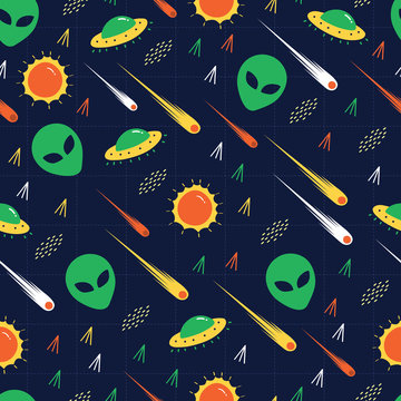 Alien, ufo, comet invasion star wars. A playful, modern, and flexible pattern for brand who has cute and fun style. Repeated pattern. Happy, bright, and magical mood.