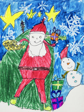 Childs watercolor drawing of Santa Claus