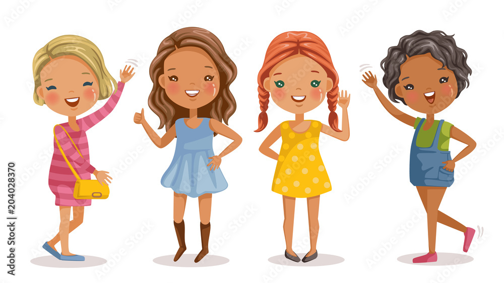 Wall mural little girls full length of cute girls in dress standing and posing. beautiful fashion of girls grou