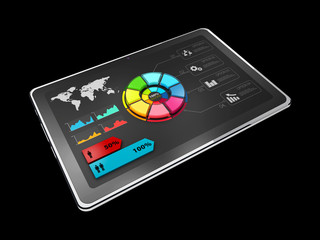 3D Illustration of Creative colorful pie chart on the tablet, business concept, isolated black