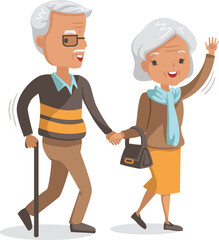 Older couples. walking hand in hand. elderly man walks with a cane. old woman carrying a bag. walking with each other, smiling and happy. lovely couple cartoon character. Vector Illustration isolated