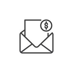 Money mail outline icon. linear style sign for mobile concept and web design. Open envelope with financial letter simple line vector icon. Symbol, logo illustration. Pixel perfect vector graphics