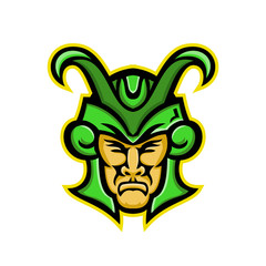 Mascot icon illustration of head of Loki, a god in Norse mythology, who is a  shape shifter viewed from  front on isolated background in retro style.