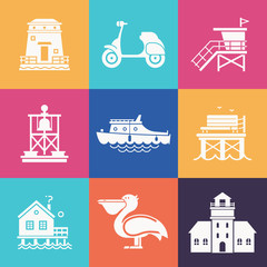 Travel seaside icon set. Summer sea resort outline icons with typical sea town or fishing village elements. Including scooter, boat, pelican, lighthouse, guard tower, pier and more.