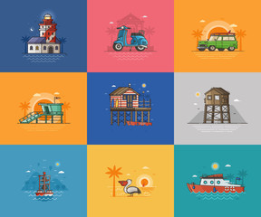 Abstract seaside coast landscapes. Beach resort town places and infrastructure spot illustrations for tourist travel agency UI applications. Summer sea vacation activities concept scenes and cards.