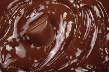 Melted chocolate and pieces of chocolate bar as a background closeup