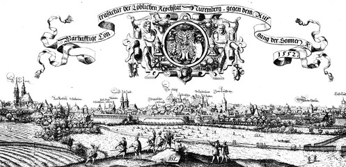 Nuremberg, city view in XVI century by Hans Sebald Lautensack, German printmaker