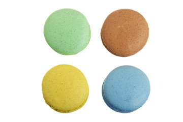 colored macaroons isolated on white background without a shadow closeup. Top view. Flat lay