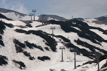 Widok trasy narciarskiej i wyciągu w górach po sezonie zimowym, resztki śniegu opnieją, widać ziemię, roślinność, pusto - obrazy, fototapety, plakaty