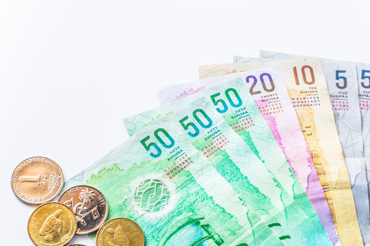 Money of Maldives on white background, rufiyaa bank note, Maldivian rufiyaa money.