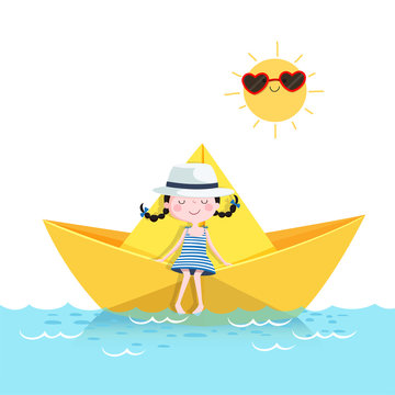 Cute girl relaxing in a paper boat. Summer vacation concept