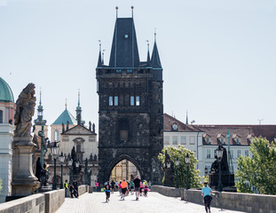 Group runners on Marathon Prague, Czech Republic. The world's best marathon runners in the lead The...