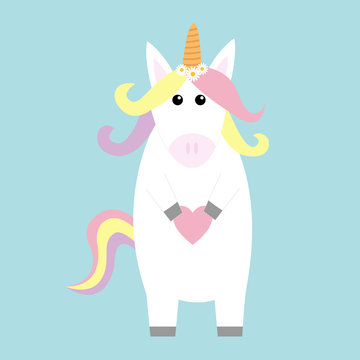 Unicorn holding heart. Kawaii face. Pastel color rainbow hair, daisy chamomile flower. Flat lay design. Cute cartoon baby character. Funny horse. Happy Valentines Day. Love card. Blue background