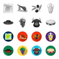 The hat of the todeador, the matador, a bunch of grapes with fists, a bull for the Spanish bullfight, a tambourine. Spain country set collection icons in monochrome,flat style vector symbol stock