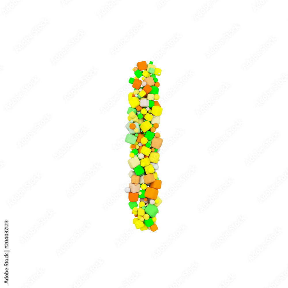 Fototapete alphabet letter i uppercase. funny font made of orange, green and yellow shape cube. 3d render isola