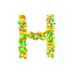 Alphabet letter H uppercase. Funny font made of orange, green and yellow shape cube. 3D render isolated on white background.