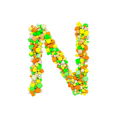 Alphabet letter N uppercase. Funny font made of orange, green and yellow shape cube. 3D render isolated on white background.