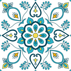 Vecteur de motif de carreaux portugais avec des motifs d& 39 ornements floraux. Azulejo du Portugal, talavera mexicain, majolique espagnole, italienne ou texture céramique marocaine pour le mur de la salle de bain de la maison ou le sol de la cuisine.