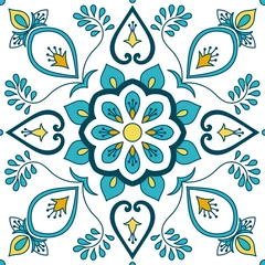 Stof per meter Portuguese tile pattern vector with floral ornaments motifs. Portugal azulejo, mexican talavera, spanish, italian majolica or moroccan ceramic texture for house bathroom wall or kitchen flooring. © irinelle