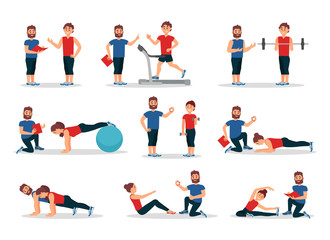 Fototapeta premium Flat vector set of people in gym with personal trainer. Men and women doing various exercises. Physical activity and healthy lifestyle