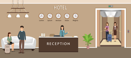 Resort hall interior design with woman employee, guests and elevator. Hotel reception counter with receptionist.