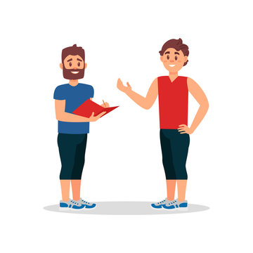 Man talking with personal coach in gym. Fitness instructor writing training plan for young guy. Flat vector illustration