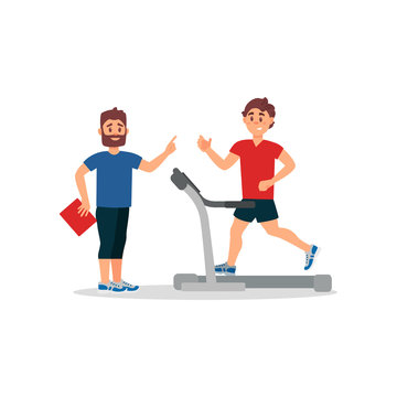 Fitness coach and young man on treadmill. Active workout. People in sportswear. Flat vector design