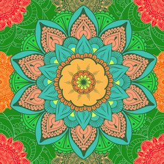 Seamless ethnic pattern with floral motives. Mandala stylized print template for fabric and paper. Boho chic design. Summer fashion.