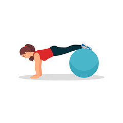 Young athlete woman doing plank exercise using fitness ball. Physical activity and healthy lifestyle. Flat vector design