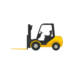 Yellow forklift truck with fork in front. Industrial vehicle using in warehouses for lifting and carrying heavy loads. Flat vector icon