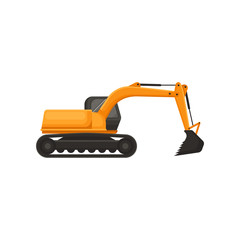 Hydraulic excavator. Heavy equipment with bucket and cab on rotating platform. Machinery using in construction and coal mining. Flat vector icon