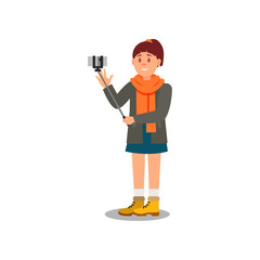 Cheerful young girl tourist making selfie and waving hand. Woman using smartphone and monopod. Flat vector design
