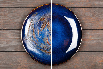 Blue plate on brown wooden table